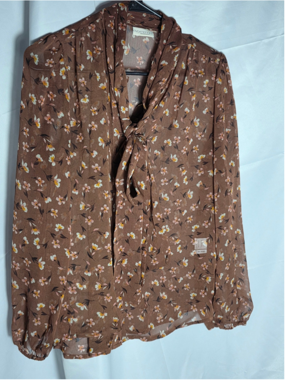 Women's Eva Mendes Floral Blouse Size S Brown White fall cottagecore flowy bow